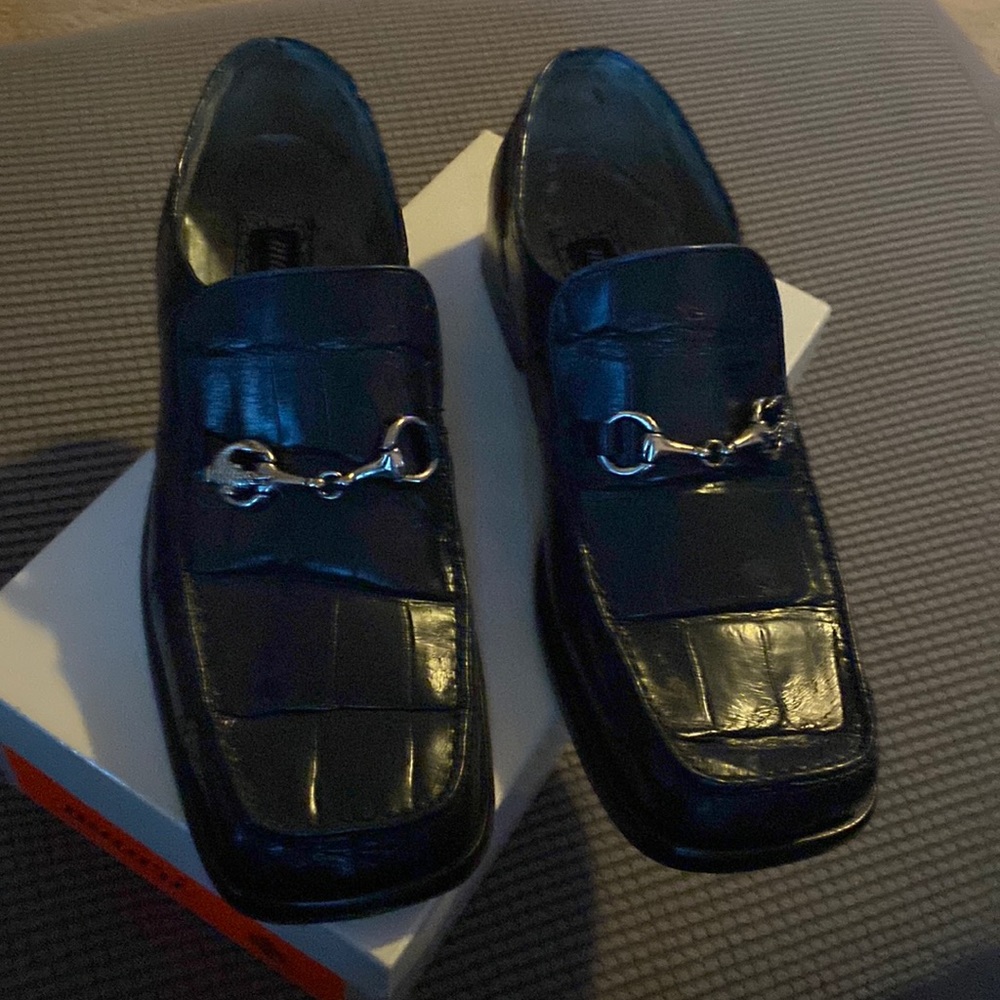 Blue crocodile loafers